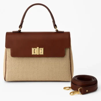 کیف زنانه چرم دستی و پارچه حصیری