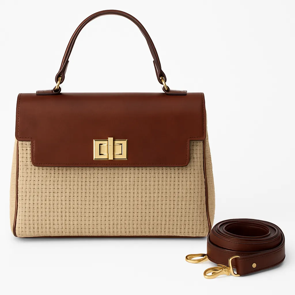 Image Aug 6, 2025, 08_35_57 PM کیف زنانه چرم دستی و پارچه حصیری